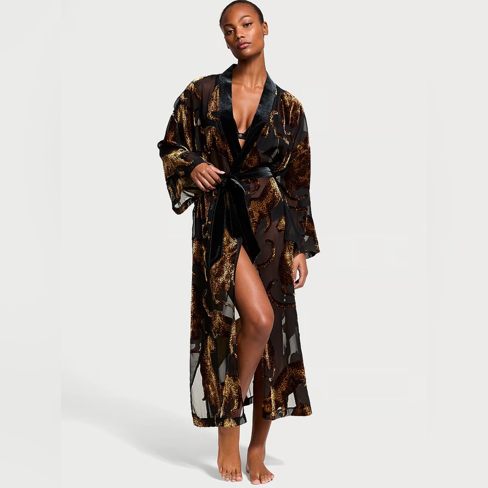 VICTORIA'S SECRET Leopard Burnout Long Robe Black Mesh Velvet Sexy Leopard Robe